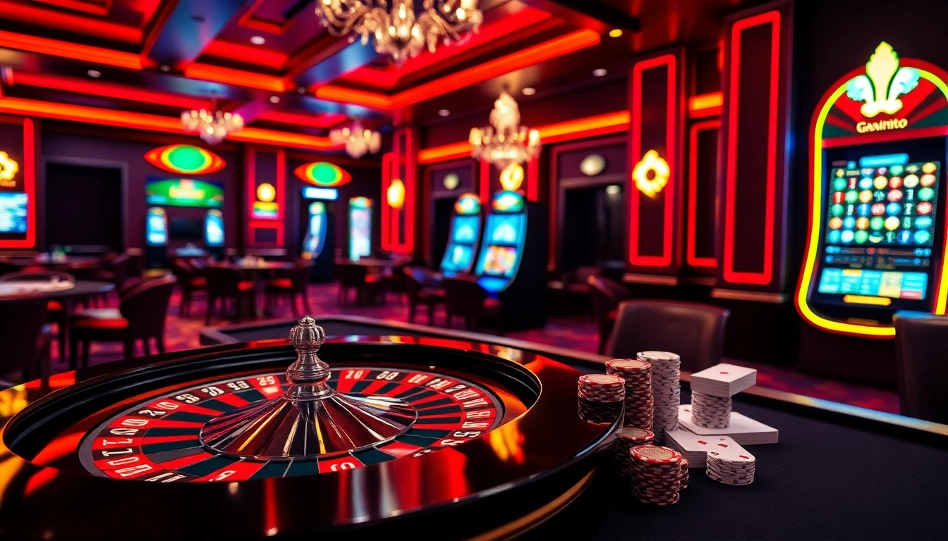 Experience the thrill of Magrehistro in a luxurious casino setting with vibrant gaming elements.