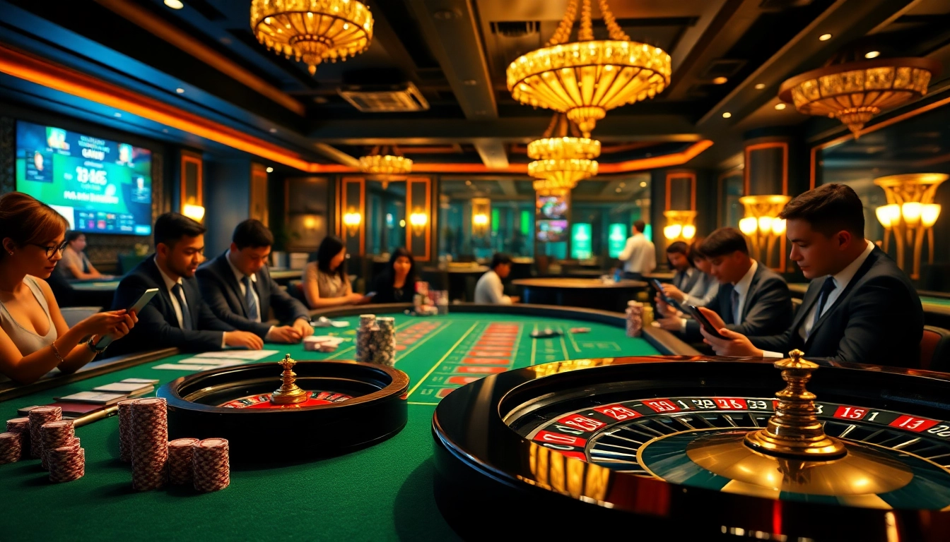 Experience thrilling online gambling at https://bl555.link/ with vibrant casino scenes, roulette wheels, and engaged players.