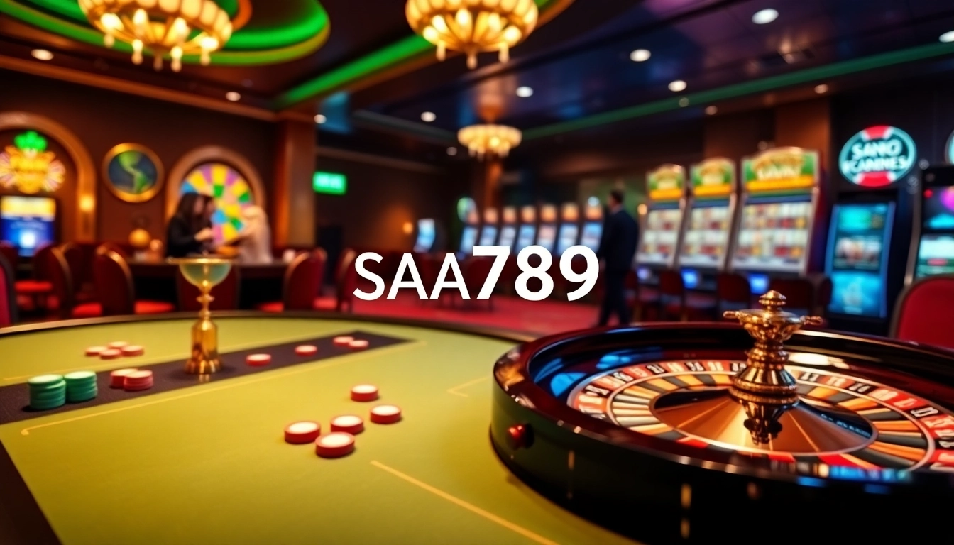 Sao789 casino scene with vibrant roulette wheel, poker table, and exciting online gambling action.