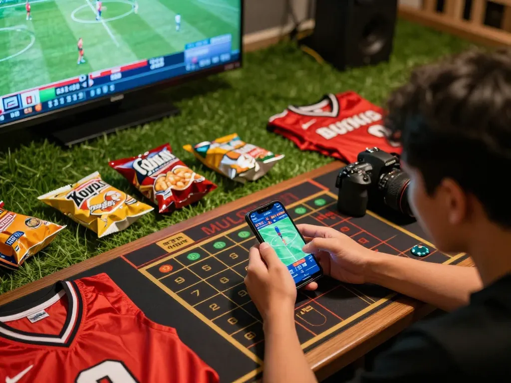 Exciting moment of sports betting on kèo nhà cái hôm nay with a person placing bets on their smartphone.