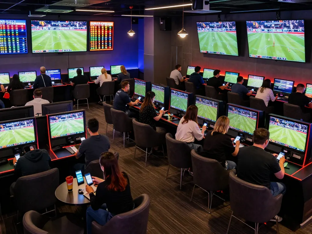 Engaged sports bettors using apps for kèo nhà cái during live matches in a vibrant betting lounge
