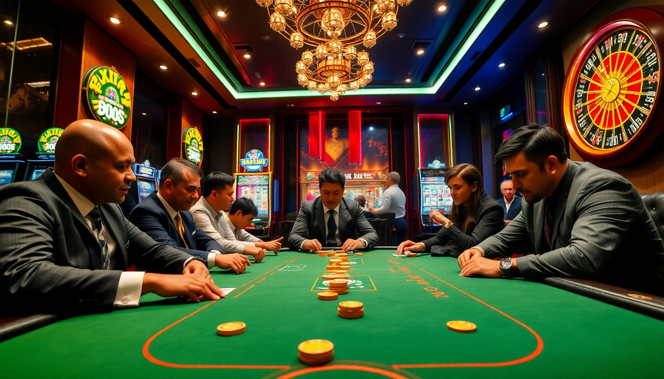 Engaged players at Xin88's poker table, exuding excitement in a luxurious casino atmosphere.
