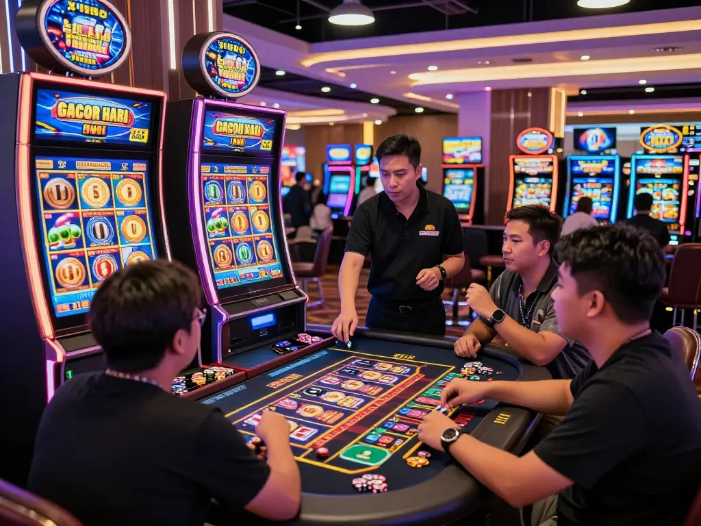 Suasana perjudian yang mendebarkan dengan pemain menikmati slot gacor hari ini di meja kasino yang ramai.