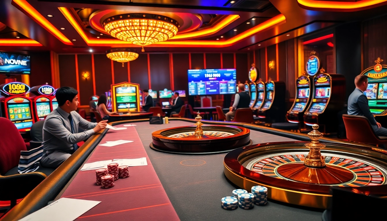 Engaged players at Nhà Cái 68VIP Có Uy Tín, enjoying an exciting online casino experience with vibrant game tables.