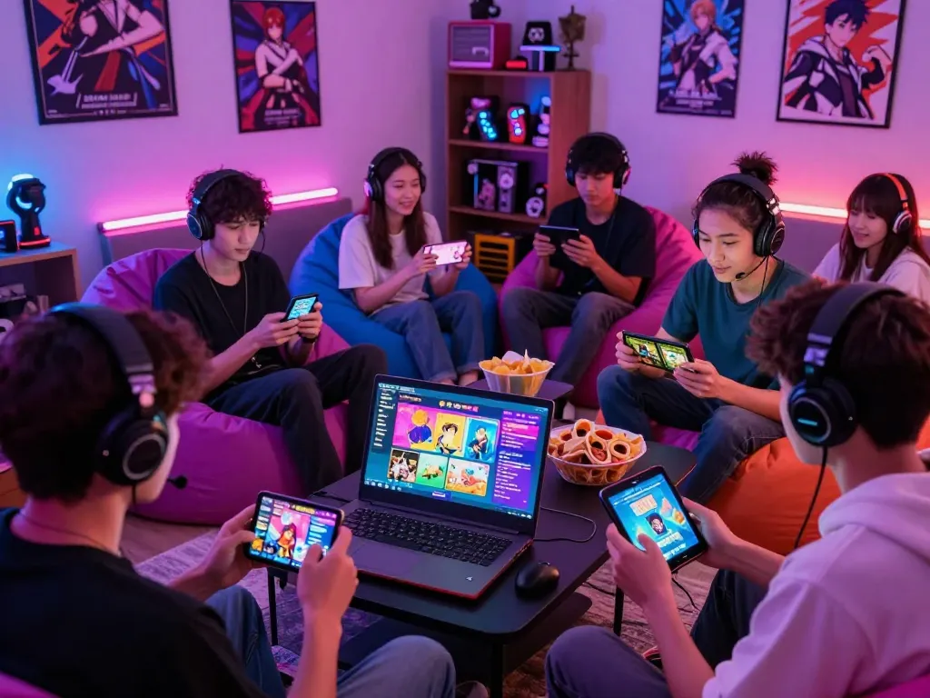 Gamers immersed in porngames in a vibrant gaming room setting.