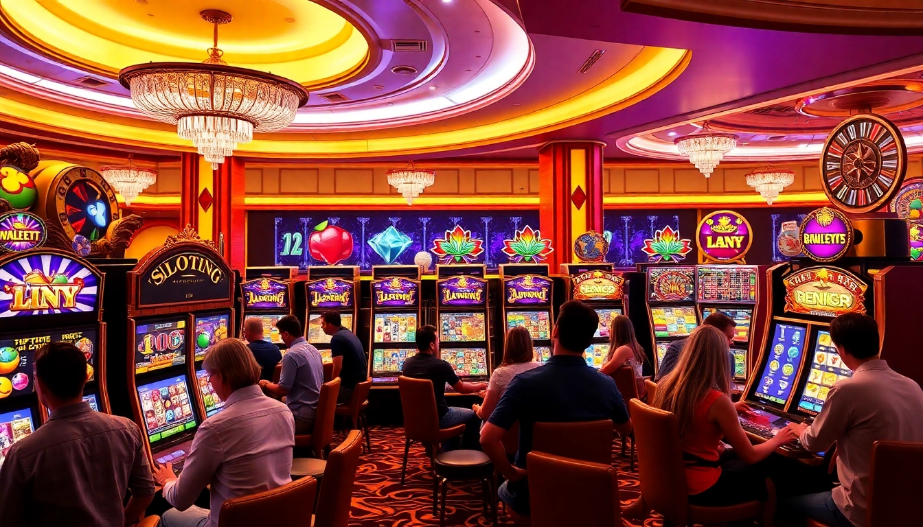 Engaged gamblers enjoying diverse slot machines in a vibrant casino atmosphere of slots777.