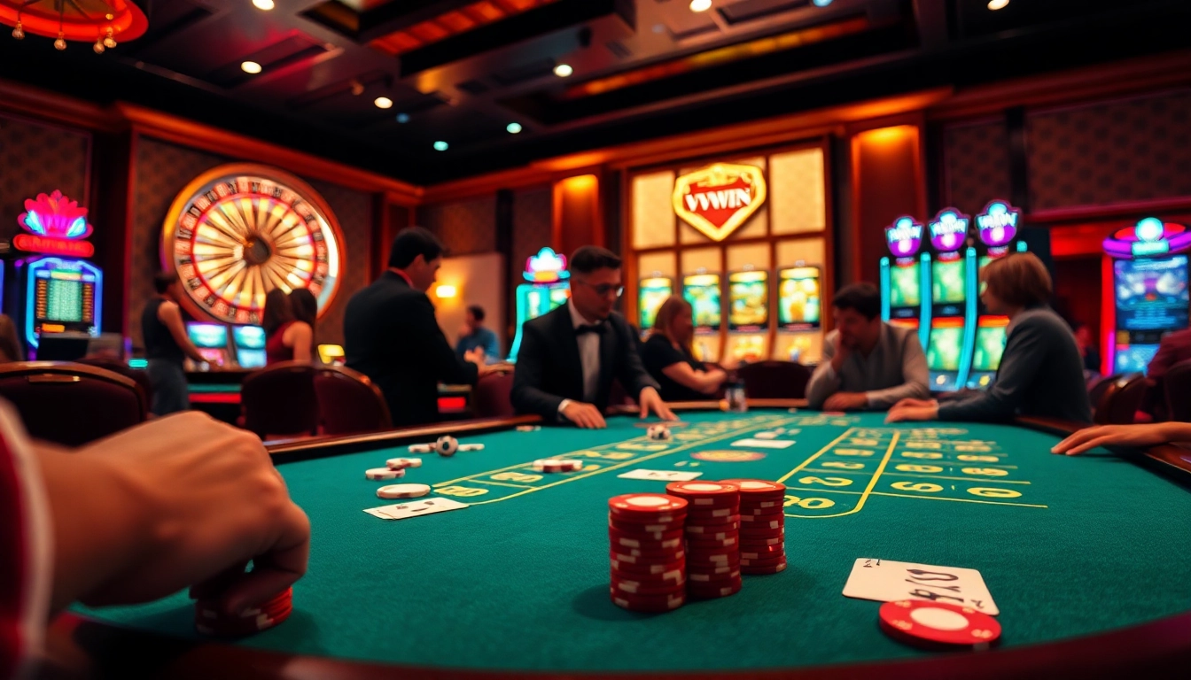 VVVWIN casino scene with players immersed at a poker table, showcasing excitement and professionalism.