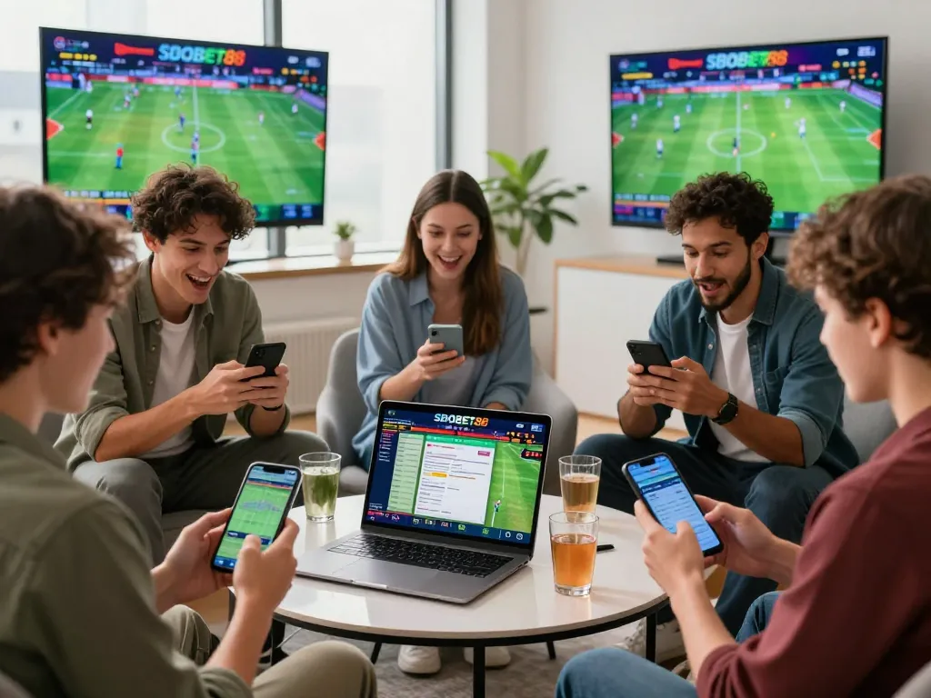 Pembuat taruhan yang bersemangat menggunakan platform sbobet88 di smartphone dalam pengaturan kantor modern.