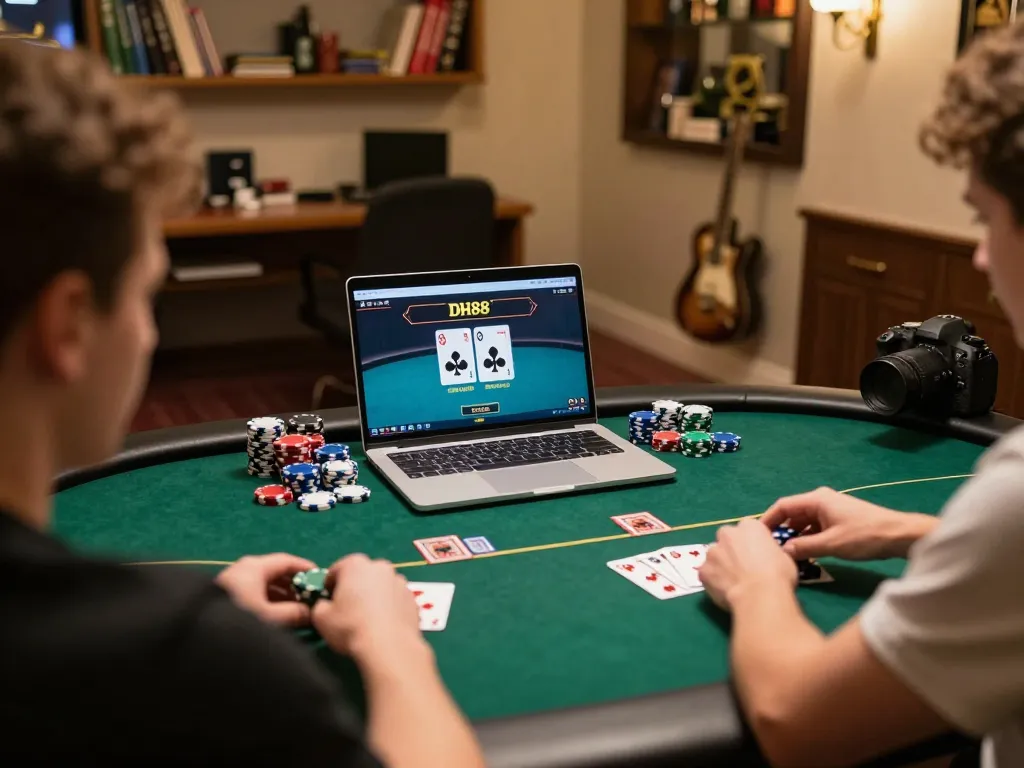 Player enjoying online poker at DH88, engaged in a thrilling gameplay moment surrounded by cards and chips.