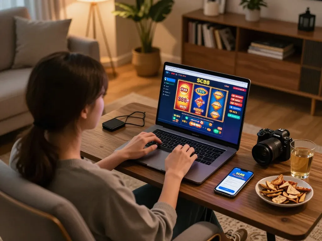 Engaging sc88 online gaming experience on a modern laptop with vibrant casino graphics and cozy ambiance.