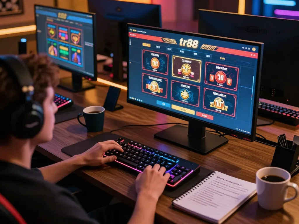 Person engaging with tr88 casino online interface in a cozy gaming setup, showcasing strategic gameplay and a dynamic environment