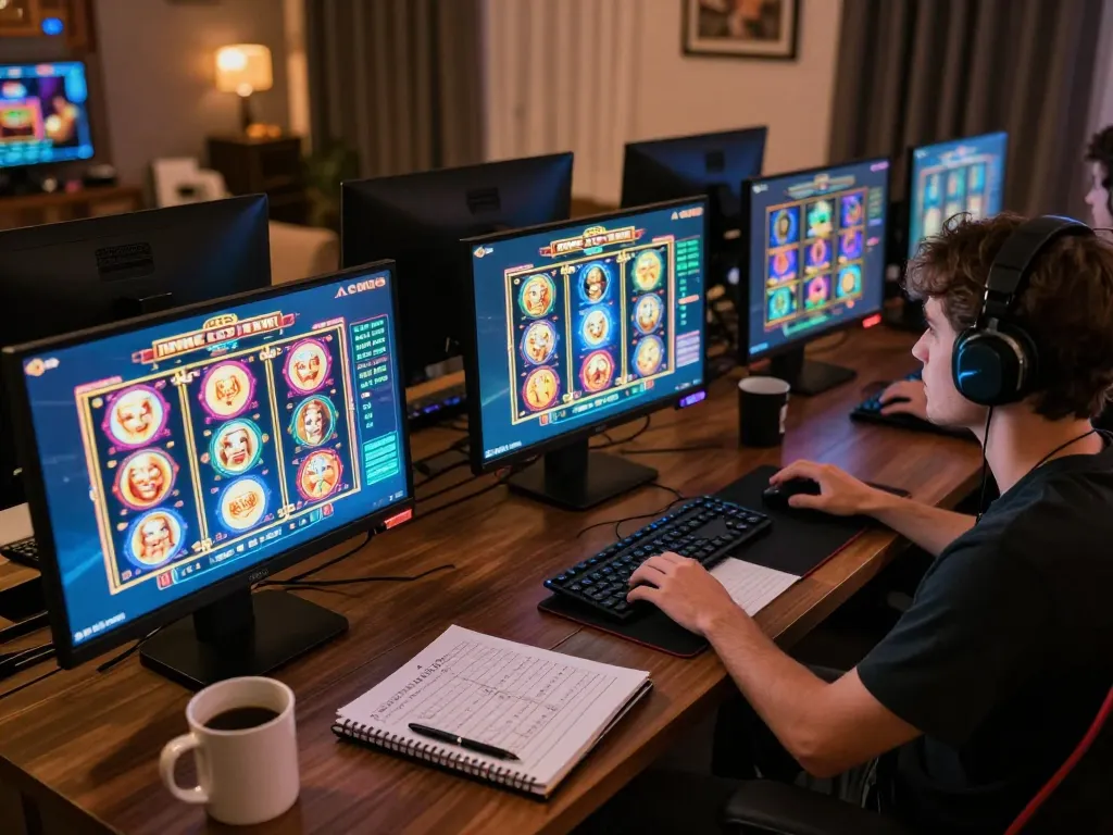 Player immersed in online slots experience at home, showcasing n1888 gaming platforms and strategy notes.