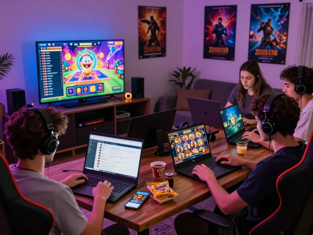 Diverse players enjoying Zeus138 online slot games in a cozy living room setting.