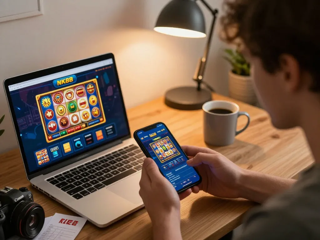 NK88 player engaged in exciting online casino gaming on smartphone in cozy home setting