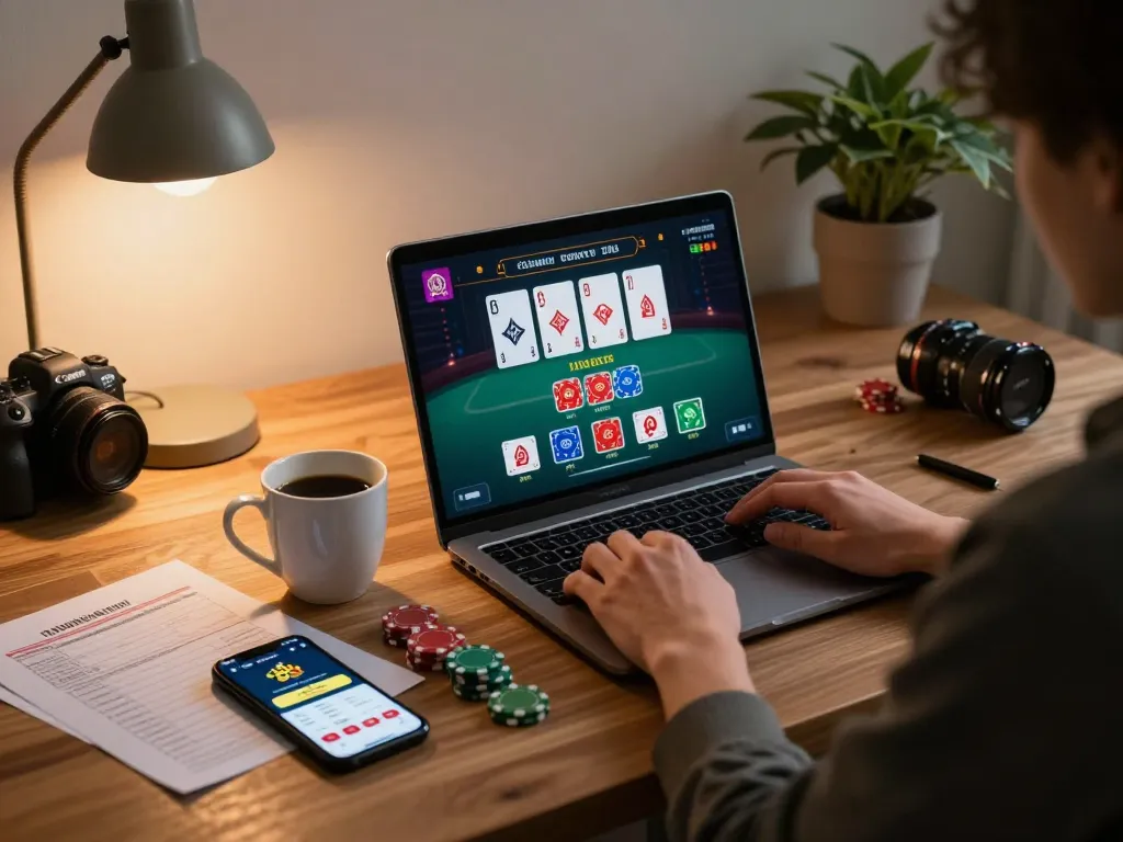 Player engaging in soc88 blackjack online with laptop at home, showing gaming interface and strategy notes.