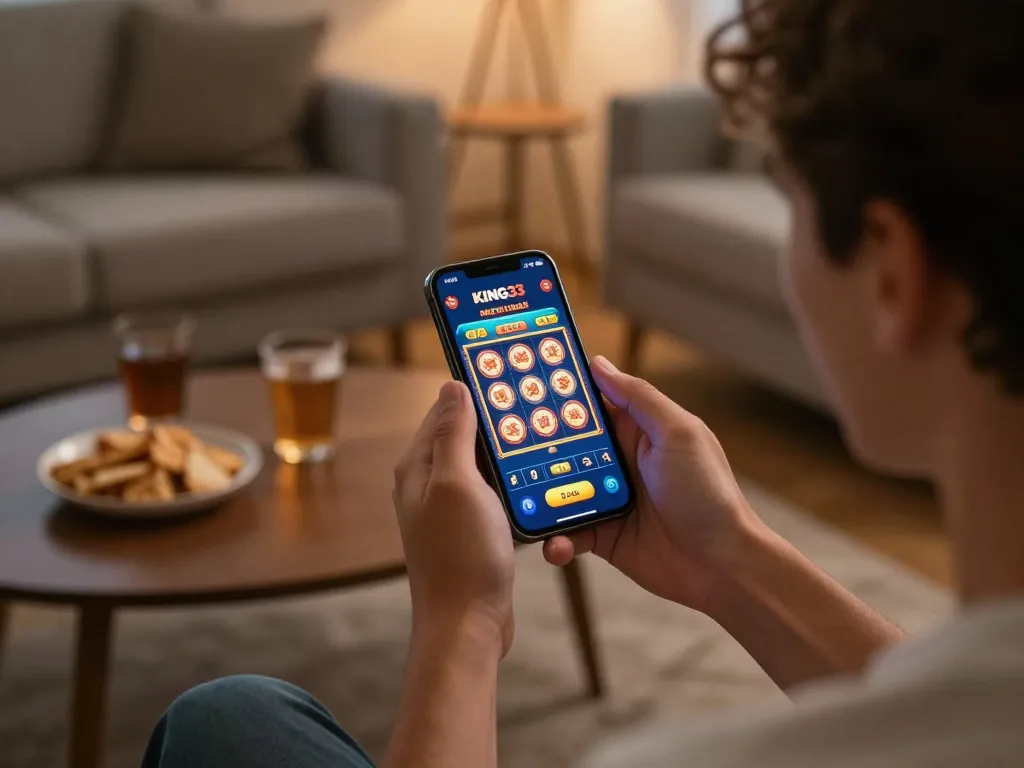 Player celebrating a win on King33 mobile app during a fun home gaming session