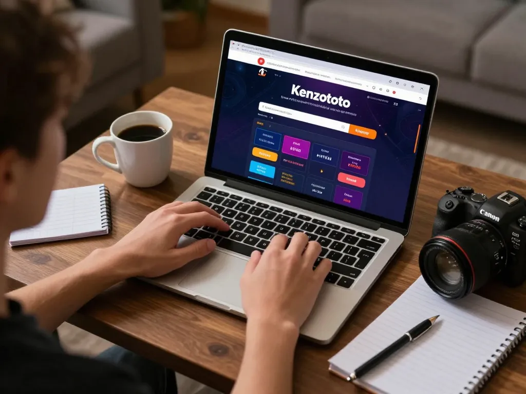 Pemain berinteraksi dengan login Kenzototo di laptop dalam suasana rumah yang nyaman, catatan strategi di samping.