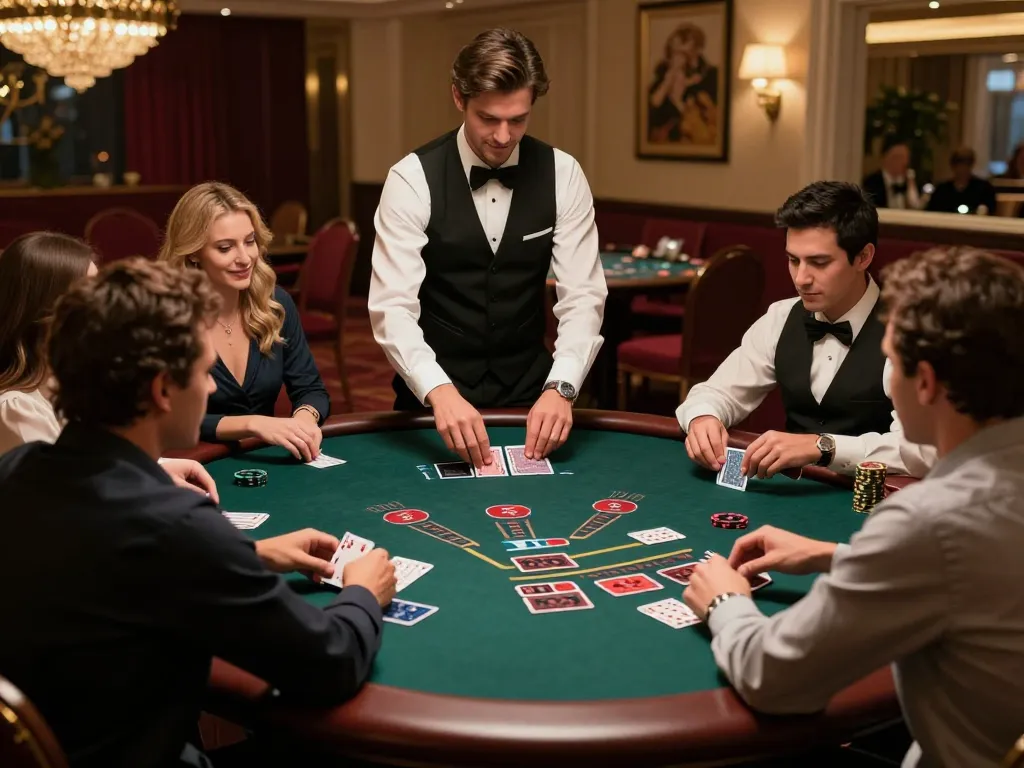 F8BET players strategizing at a blackjack table in an upscale casino atmosphere