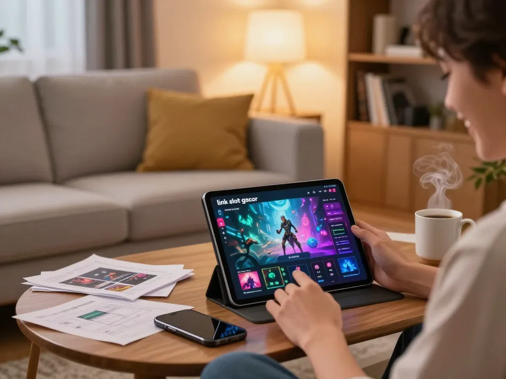 Engaging with the link slot gacor interface on a tablet in a cozy living room, enhancing online gaming experience.