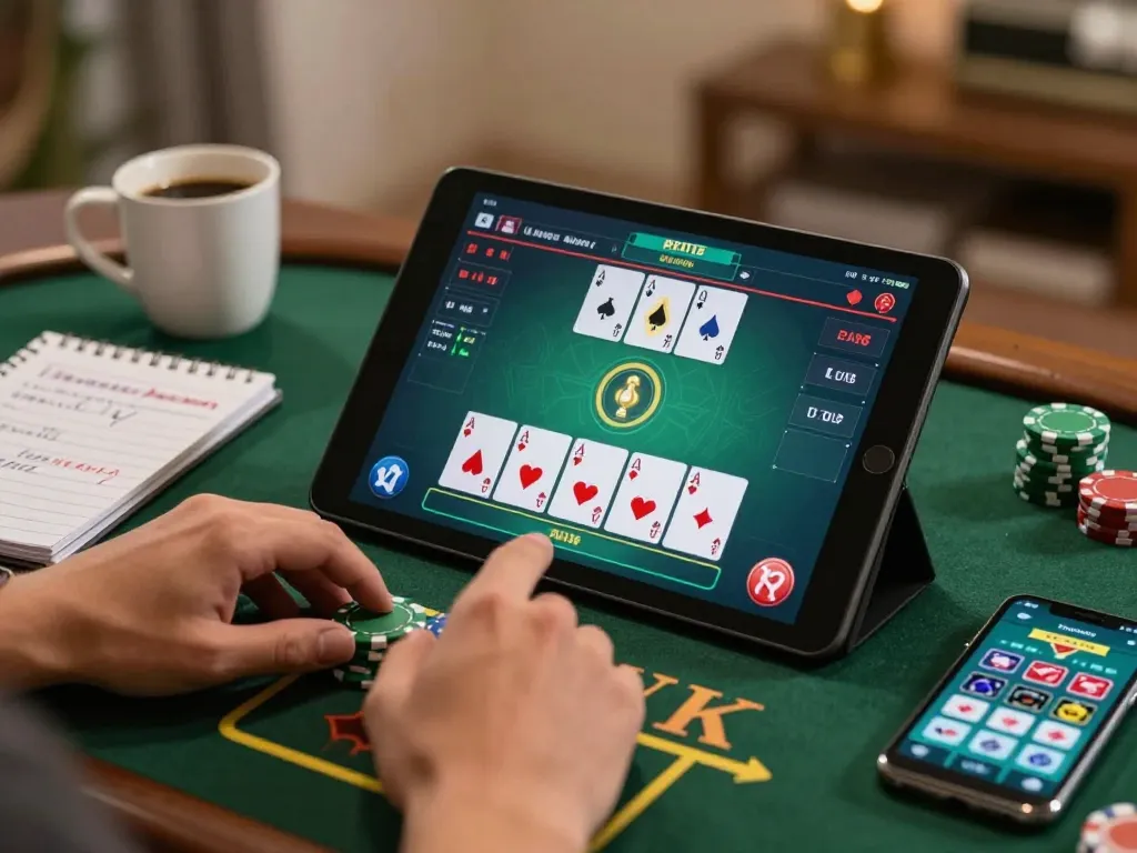 Playing blackjack on a tablet, showcasing Canadian online casinos in a cozy home setting.