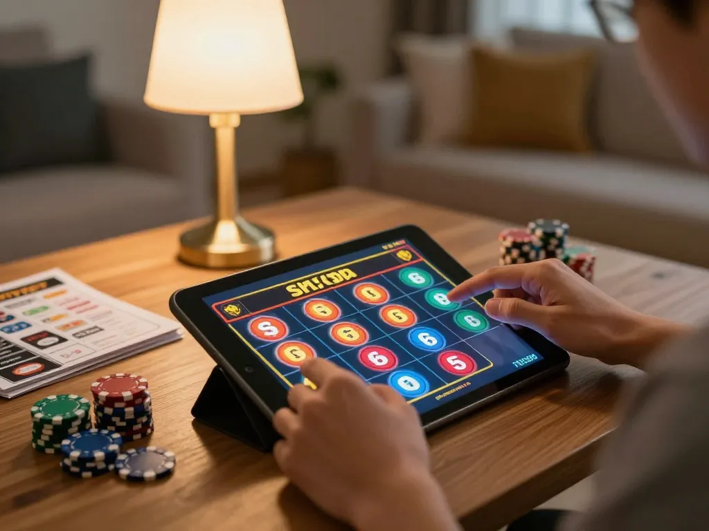 Situs slot gaming experience on a tablet with relaxed atmosphere and strategy elements.