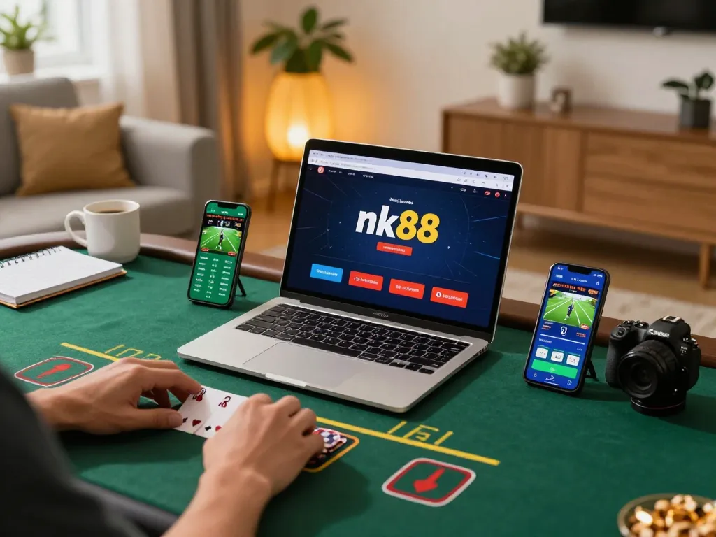 Engaged player enjoying blackjack on nk88's online platform in a cozy home setting.