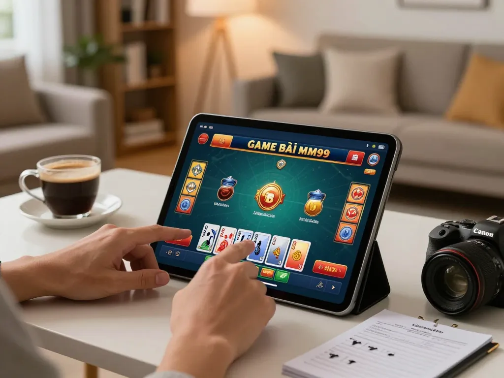 Engaging with GAME BÀI MM99 on a tablet, showcasing live dealer gameplay in a cozy home setting.