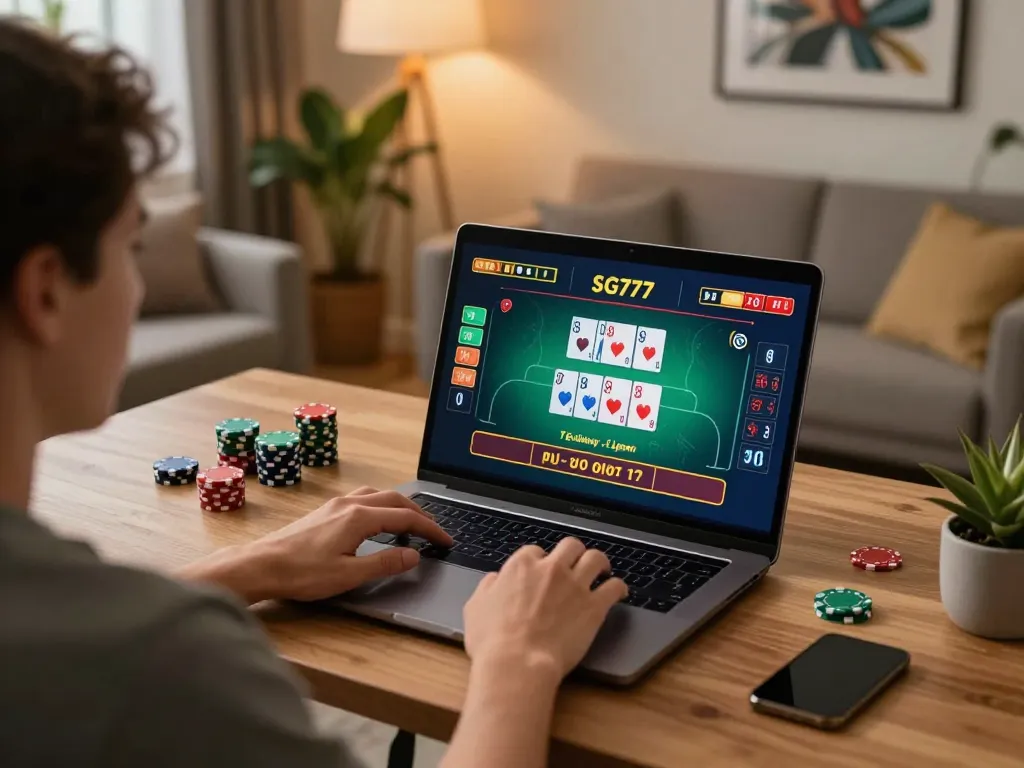 Player engaging with SG777 live dealer blackjack, showcasing an immersive home gaming experience.