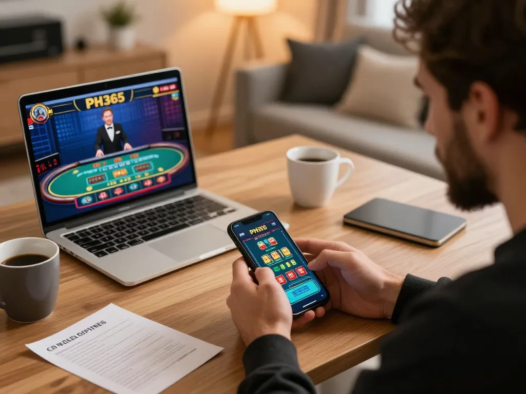 Player engaging with live dealer games on the PH365 mobile app for a seamless casino experience