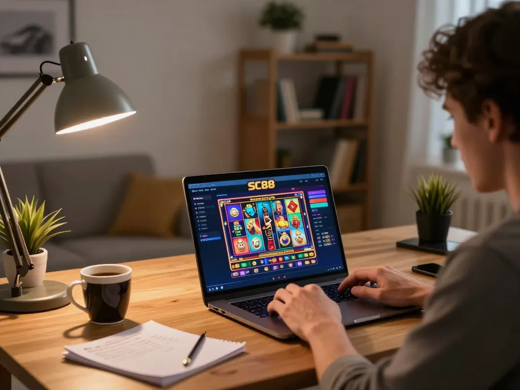Player enjoying SC88 online casino gaming on laptop in a cozy home office.