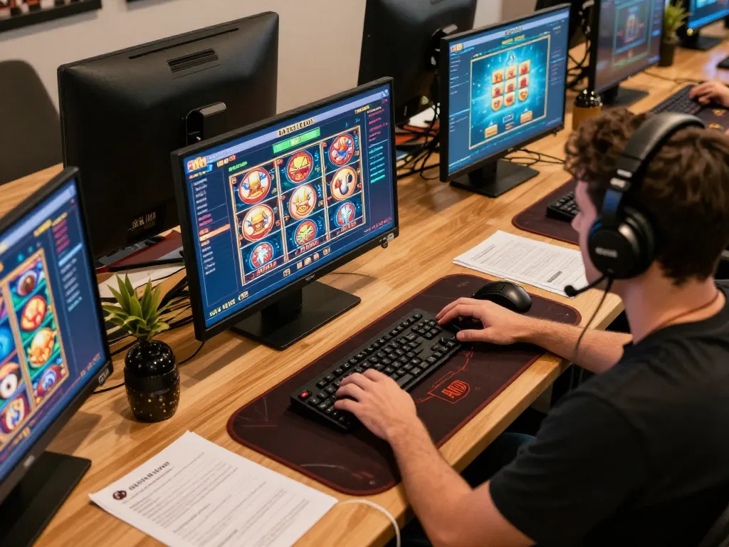 Player engaged in dynamic online casino gaming with okfun, focusing on poker and slots interface in a modern workspace.