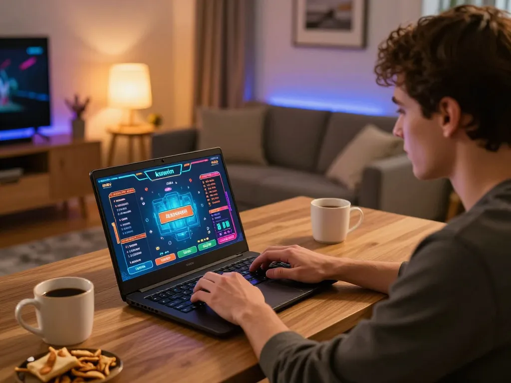 Kuwin online gamers engaged in strategic gameplay using laptop at home.