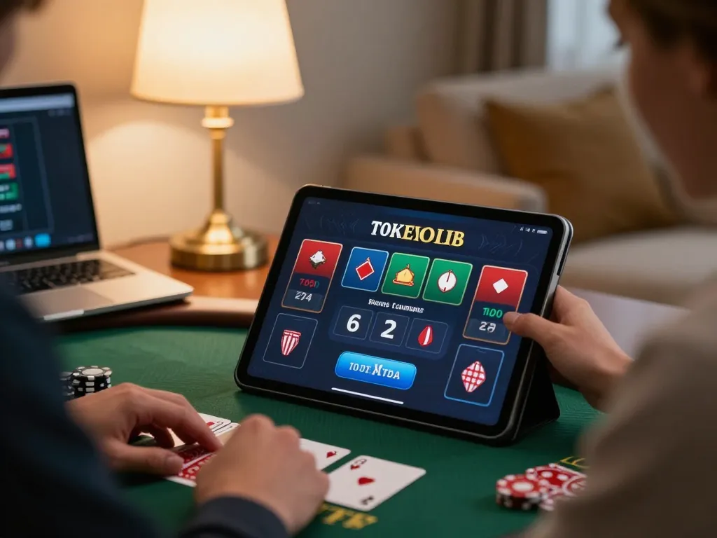 Kp88 nhà cái engaging gameplay on a tablet in a cozy home setting