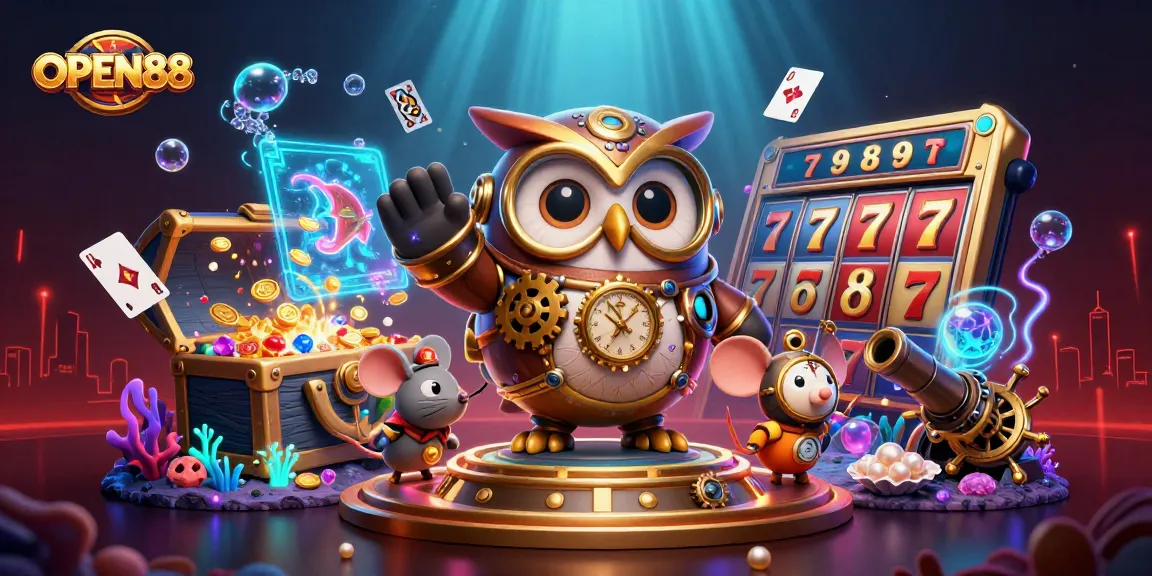 Experience captivating gaming adventures at OPEN88 with vibrant characters and exciting casino elements.