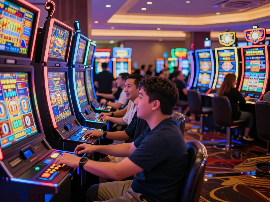 Players engaging with vibrant situs slot machines in a lively casino atmosphere, showcasing excitement and action.