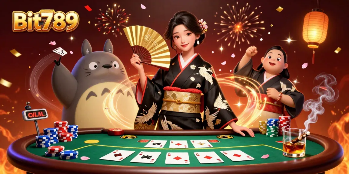 Engage in the exciting world of Bit789 with a vibrant illustration featuring gambling elements and dynamic characters.