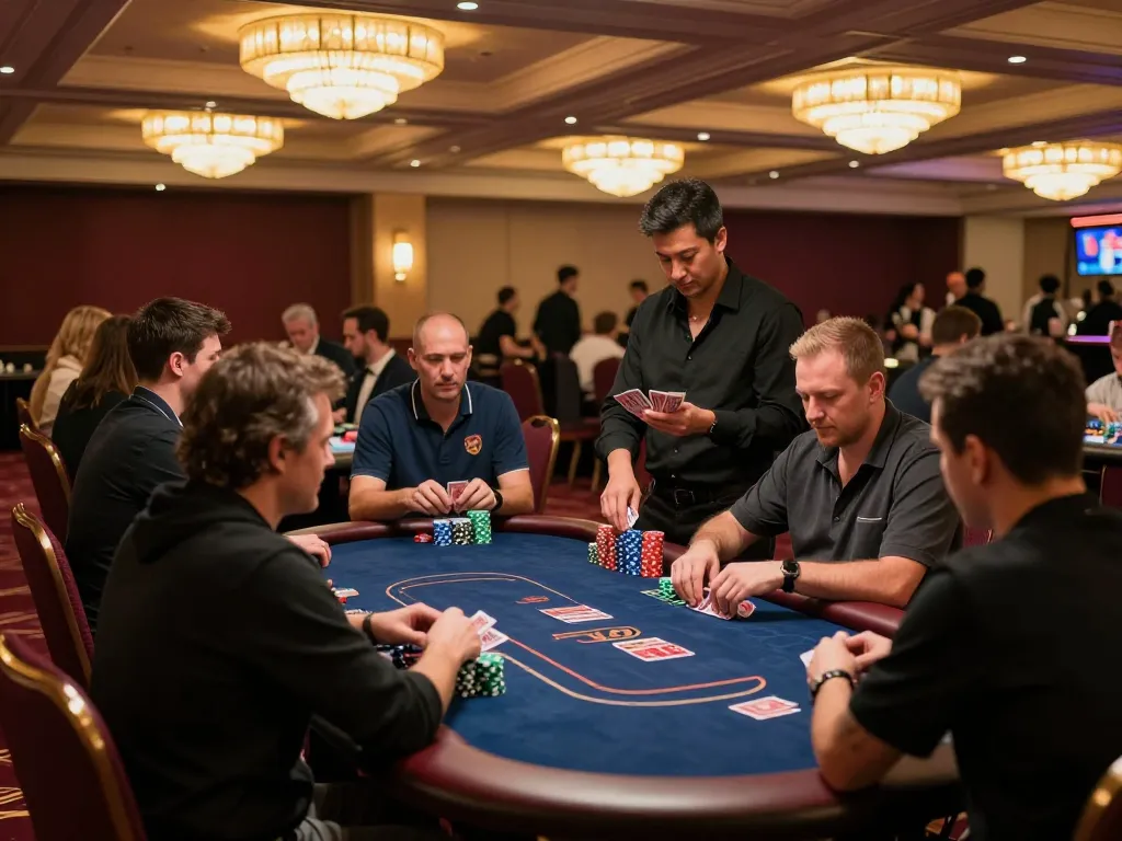 Exciting poker game at Nhà cái bl555 with engaged players and professional dealer in a vibrant casino setting.