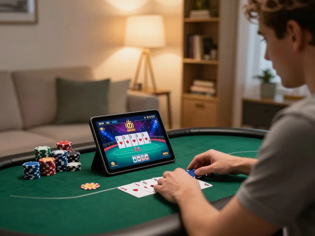 Engaging scene of a player enjoying mb88 casino poker on a tablet in a stylish home