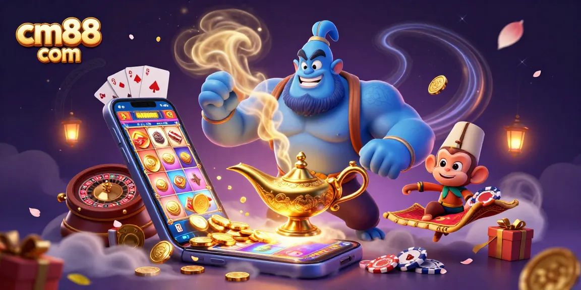 Engage with cm88 com in this dynamic casino-themed illustration featuring a genie and playful elements.