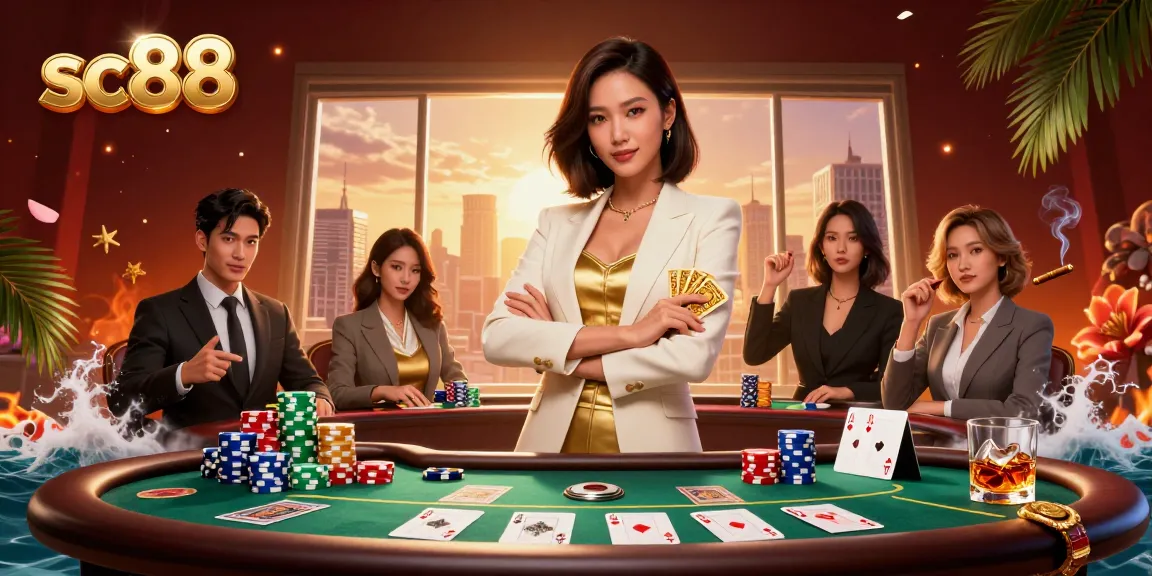 Engage in thrilling gameplay at sc88 with a powerful Asian woman holding cards in an elegant casino scene.