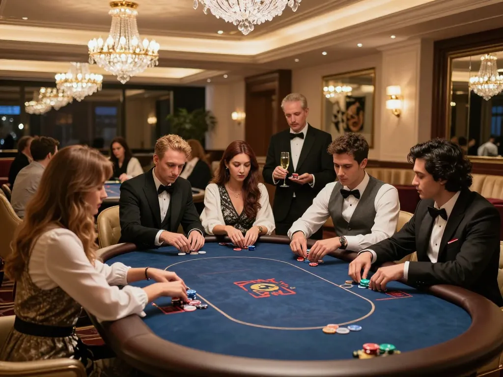 Players in an exclusive iWin casino VIP area enjoying private poker matches with luxury decor.