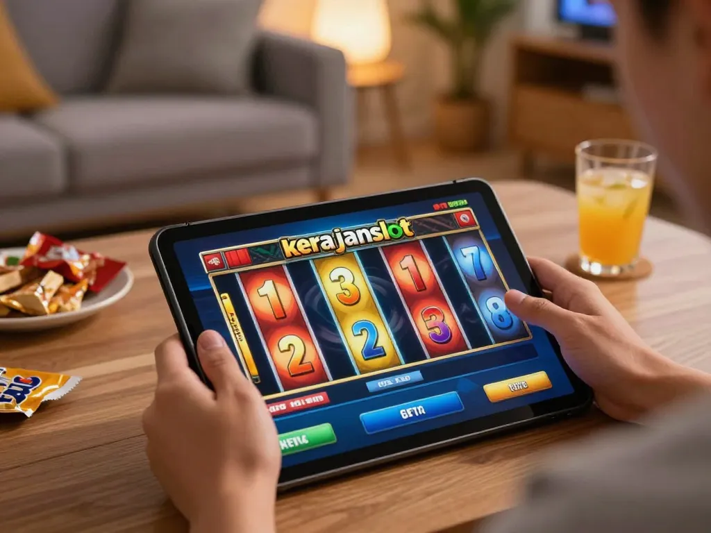 Play kerajaanslot on tablet at home, colorful slot reels and cozy atmosphere