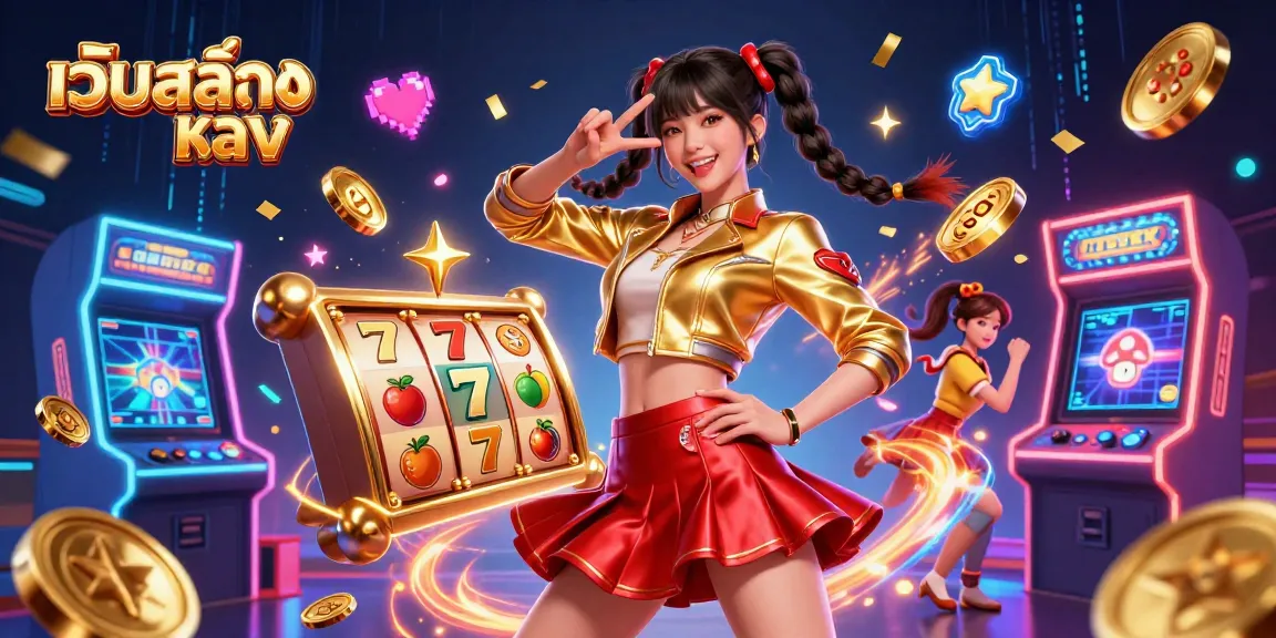 Engage with เว็บสล็อตตรง and win with vibrant slot reels, confetti, and a cheerful Asian woman in a casino.