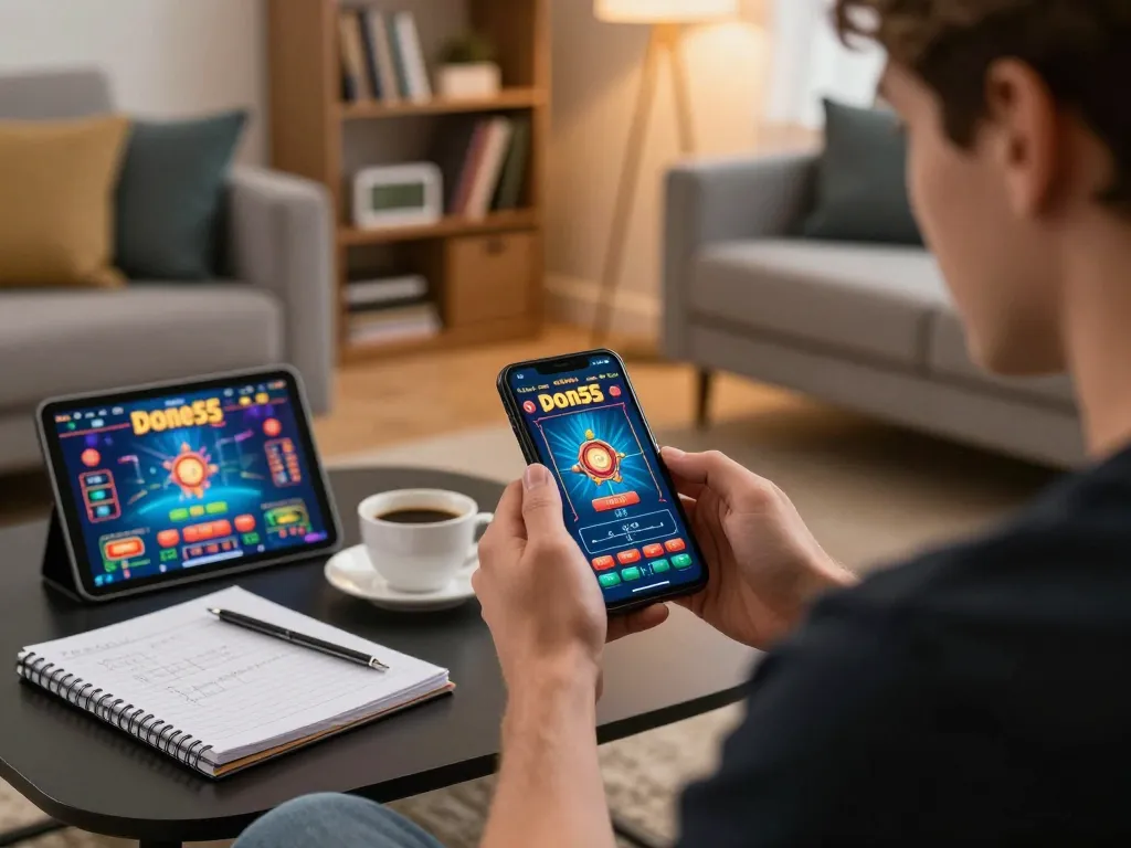Engaged player exploring the done55 game on a smartphone, showcasing a cozy home gaming atmosphere.