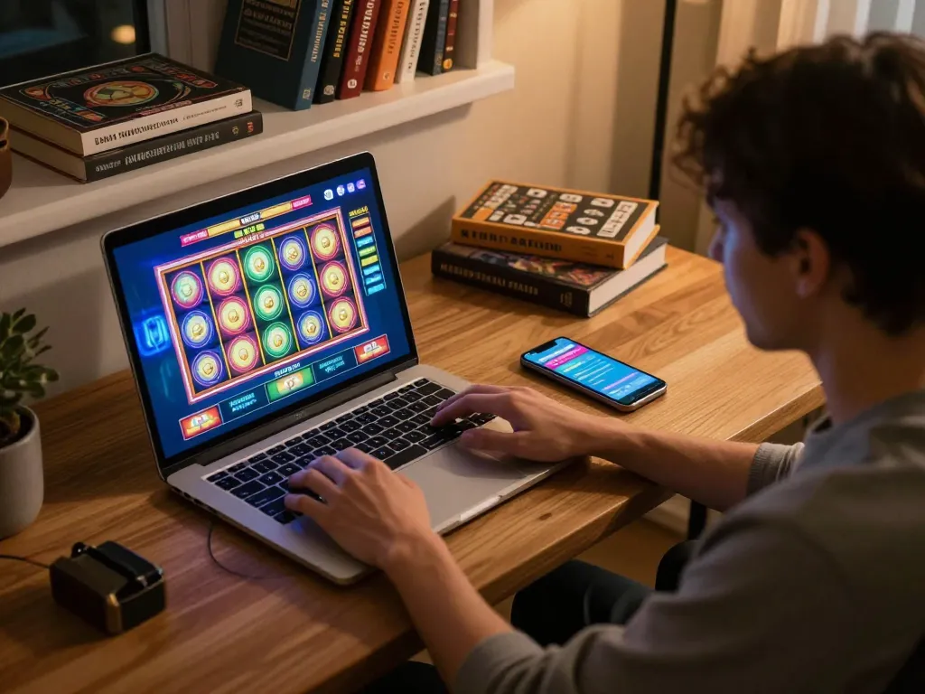 Sunwin player engaged in dynamic online gaming with vibrant slot interface on laptop