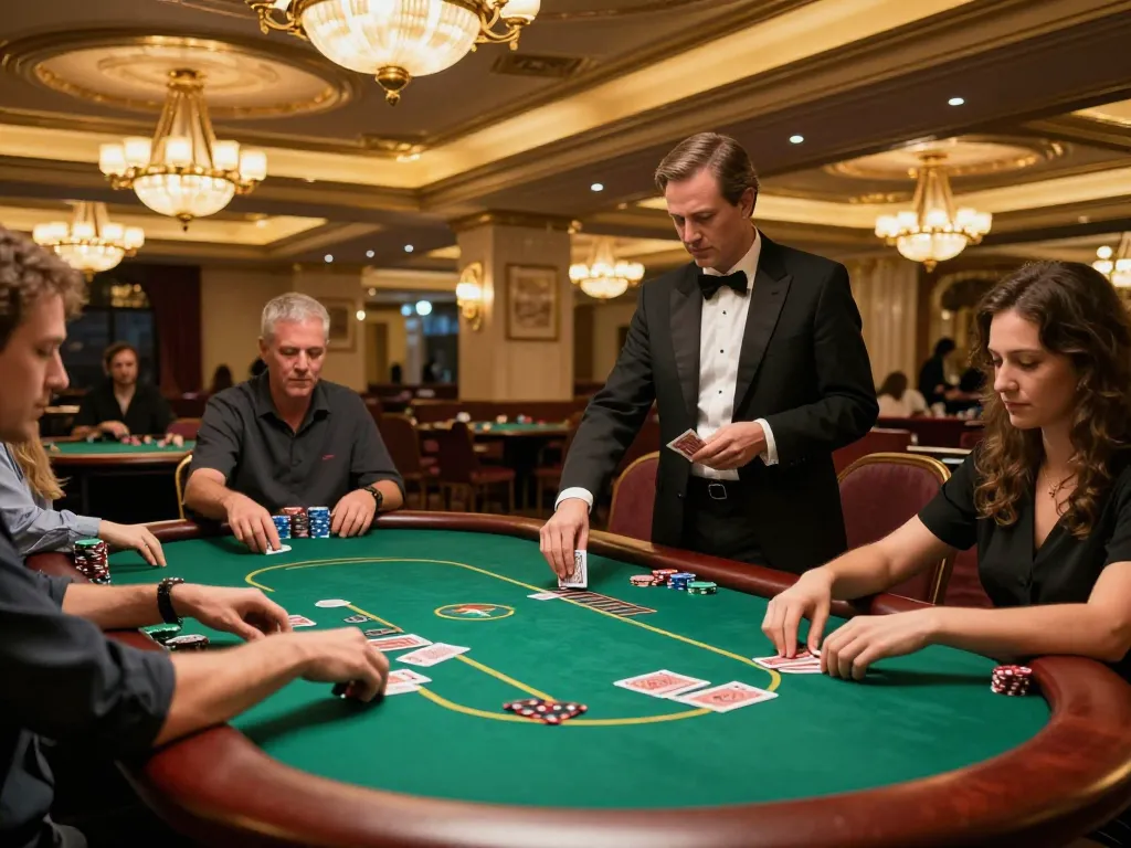 Players engaged in a strategic poker game at a luxurious casino table, showcasing 23vn23 gaming excitement.