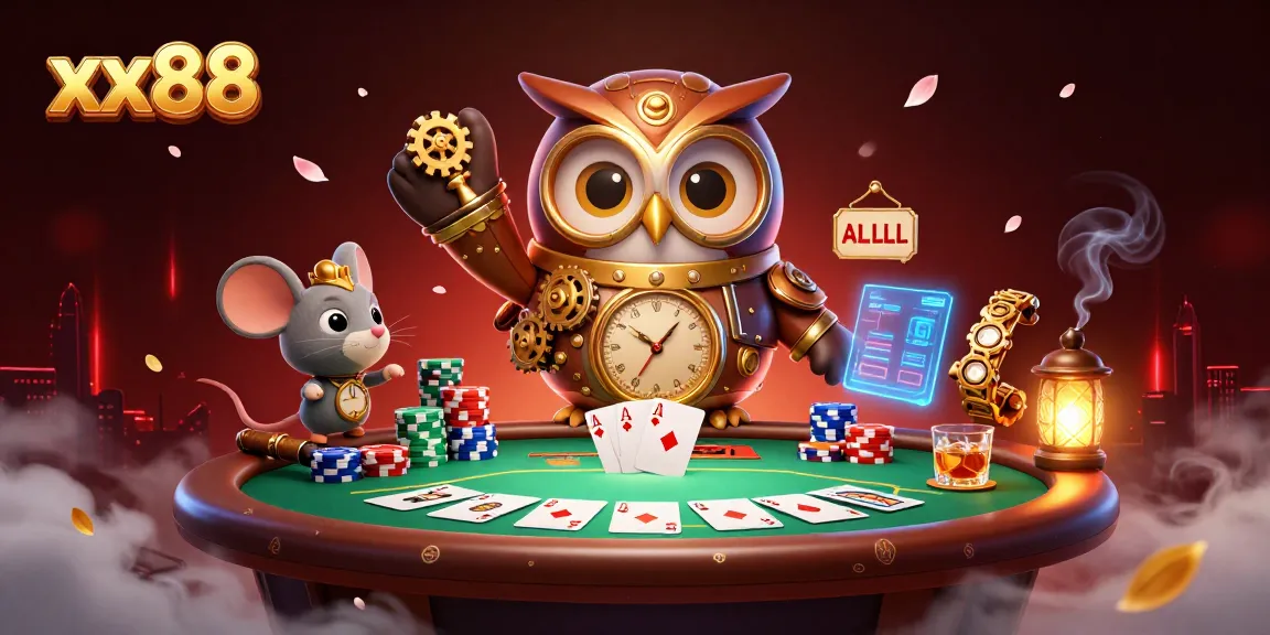 Engage with xx88's vibrant gaming scene featuring a time-traveler owl and poker elements.