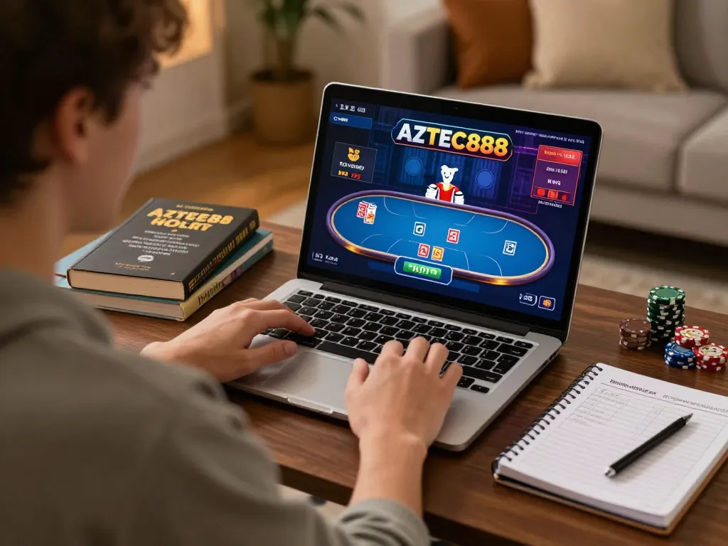 Online gaming on AZTEC888, showcasing a player engaging in strategic slot gameplay at home.