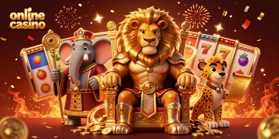 Engage in the thrill of an online casino with a 3D fierce lion king, elephant advisor, and cheetah messenger amidst dynamic slot game elements.
