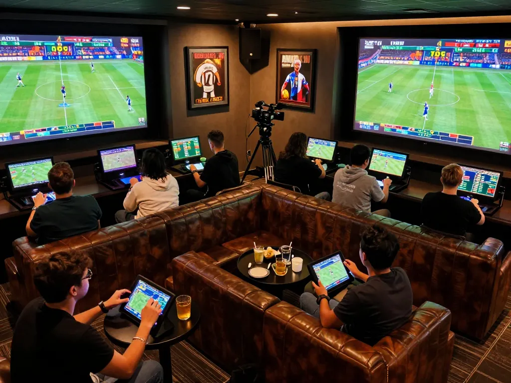 Tỷ lệ kèo nhà cái in a vibrant sports betting lounge with players analyzing real-time stats and enjoying the atmosphere.